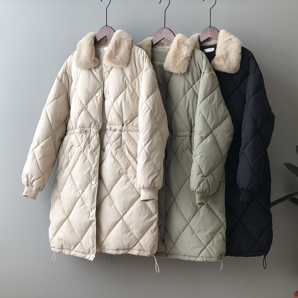 

coats long thick cotton-padded jacket lapel fur collar single breasted drawstring waist winter coat women, Tan;black