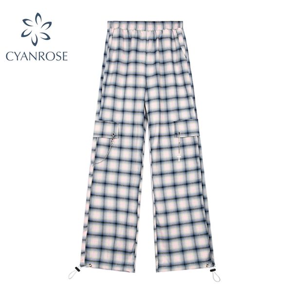 

straight plaid pants women pocket design harajuku hem drawstring harem pant female streetwear loose casual retro korean trousers 210430, Black;white