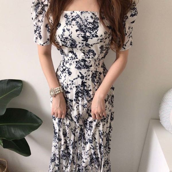 

Women plied summer stylish chic thin waist square neck print ink dress short, Black;gray