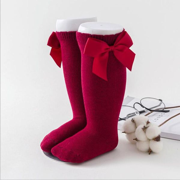 

spring baby girls long socks solid color bowknot soft cotton breathable knee high, Pink;yellow