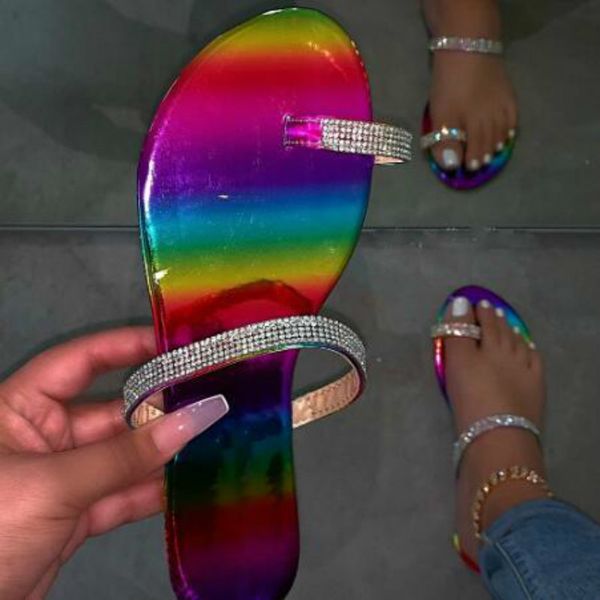 

70% off wholesale flip-flops rainbow print flat bottom non-slip flip flop spring summer women toe ring sandals outdoor wild rhinestone beach, Black