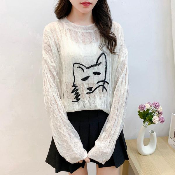 

women's sweaters cute cat long sleeve o neck see through kawayi harajuku white basic lolita students, White;black