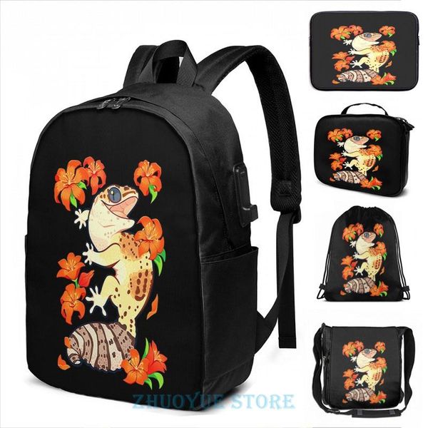 

backpack funny graphic print fire lily gecko usb charge men school bags women bag travel laptop