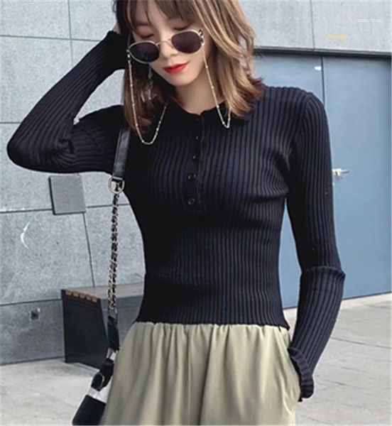 

women's t-shirt autumn knitting long sleeve wrapped elastic party lapel neck buttons cropped 1, White