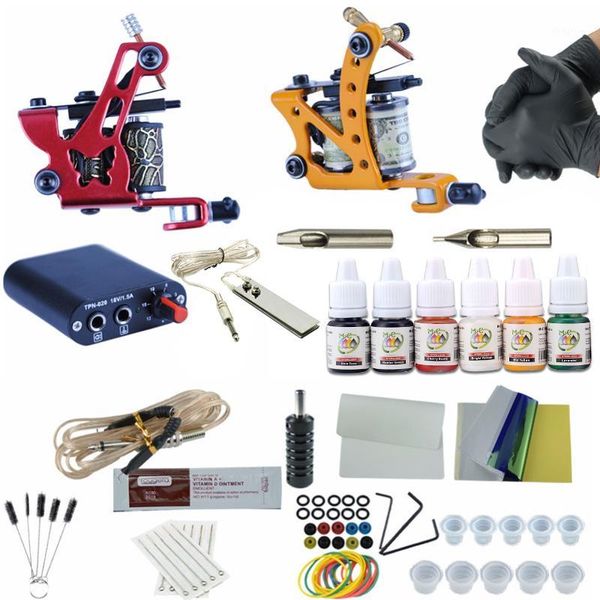

complete tattoo machine kit set 2 coils guns 6 colors inks pigment sets power beginner grips kits permanent makeup1