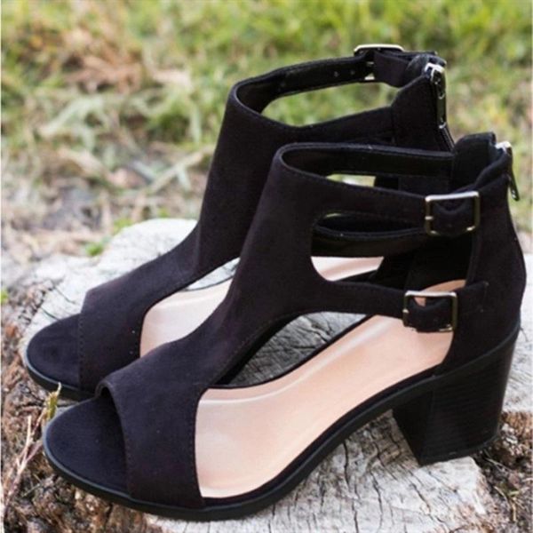 

sandals large size sandal summer suede thick heel europe and america double buckle casual fashion women's shoes high heels, Black