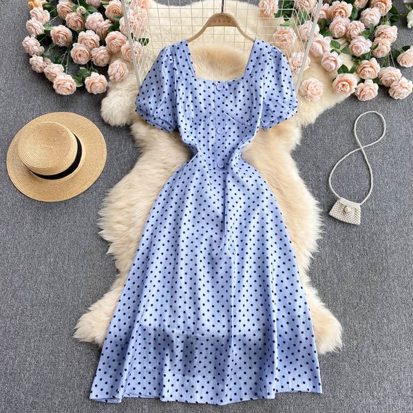

blue/white polka dot long dress women summer vintage short sleeve single breasted high waist vestidos casual robe 2021 new, Black;gray