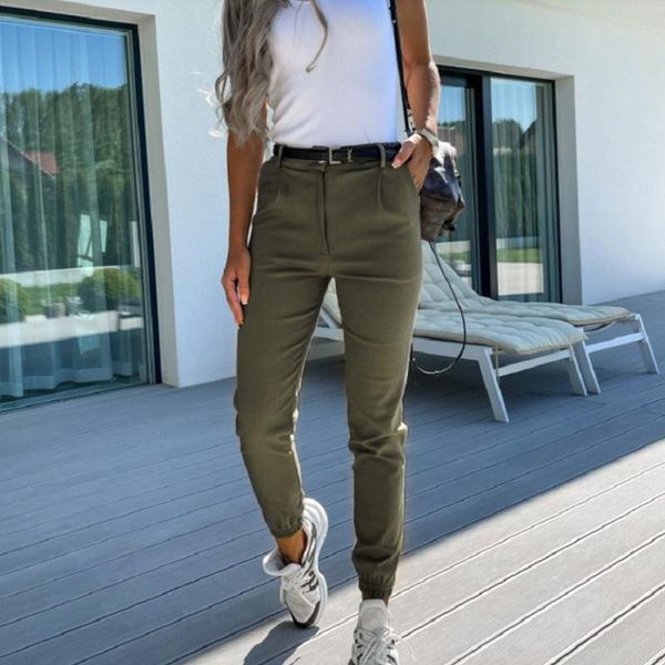 

women's pants & capris women autumn solid slim fit bodycon 2021 spring button elegant office lady trousers casual pocket pencil sweatpa, Black;white