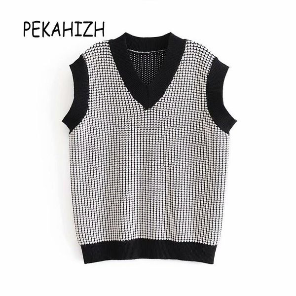 

women's vests vintage v-neck sleeless knitted sweater fashion slim plaid warm office work vest lady casual loose chic 2021, Black;white