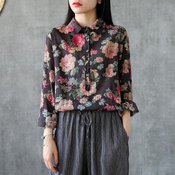 

women's blouses & shirts johnature women vintage print shirt 2021 spring clothes button turn-down collar full sleeve flower loose ladie, White