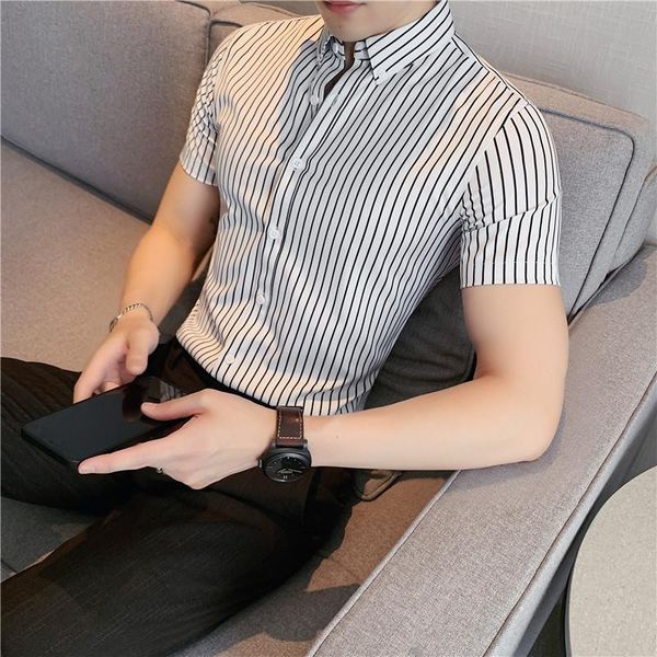 

men's dress shirts korean summer striped men short sleeve simple all match slim fit non-iron casual business formal wear blouse homme, White;black