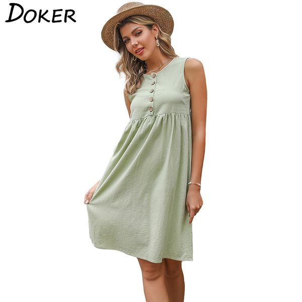 

women midi dress solid color o neck button sleeveless female dress casual loose streetwear beach holiday dresses dames jurk 210423, Black;gray