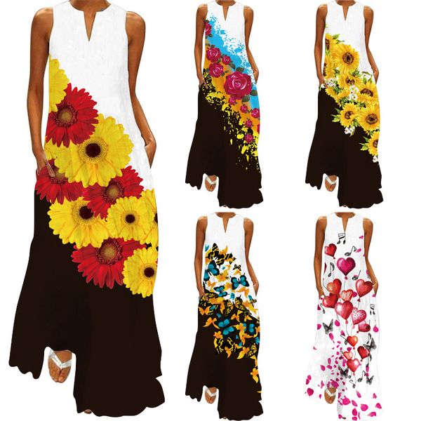 

plus size summer women casual loose retro v-neck print dress beach holiday maxi dress floral bohemian dress for female 210423, Black;gray