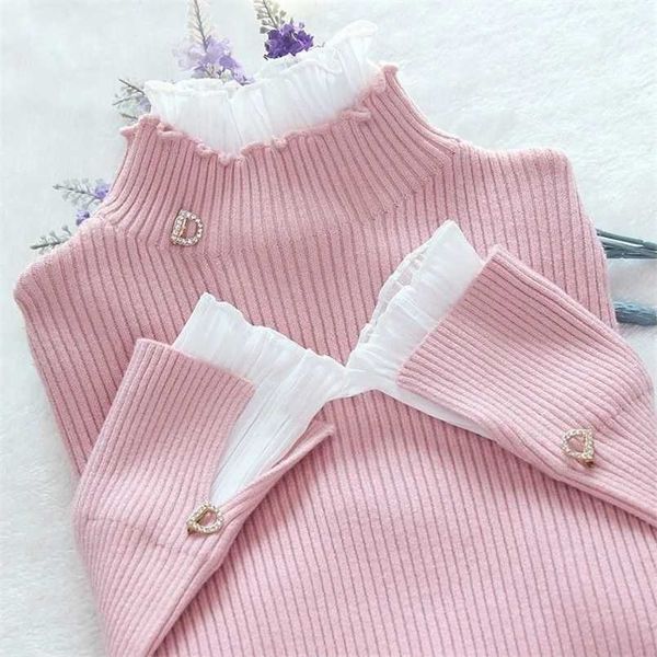 Корейский мода лоскутный теплый свитер женщины элегантный длинный рукав тонкий водолазник вязаная рубашка шикарная чистая пряжа рюшами pullover топ 211103