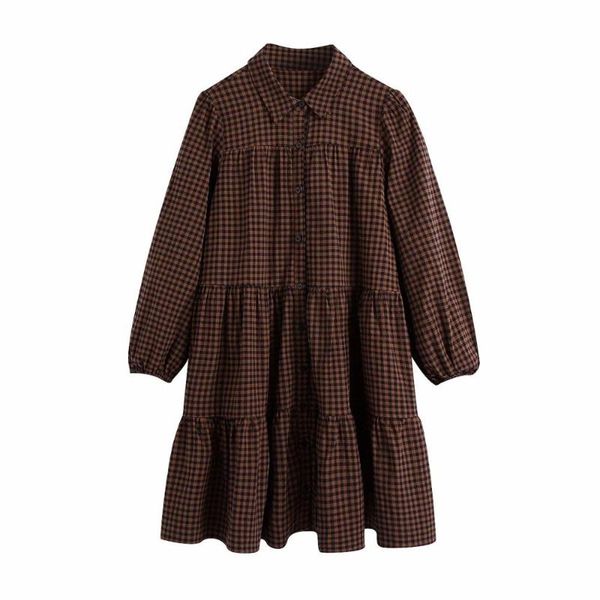 

casual dresses 2021 women short dress vintage plaid collared long puff sleeves ruffled hem elegant gingham check, Black;gray