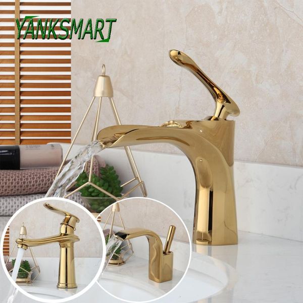 

bathroom sink faucets yanksmart golden polished basin single handle faucet waterfall deck mounted cold and water mixer tap