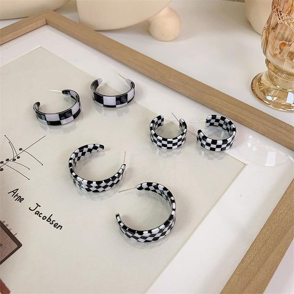 

hoop & huggie korean temperament acrylic ear earrings black white checkerboard personality for women girls jewelry, Golden;silver