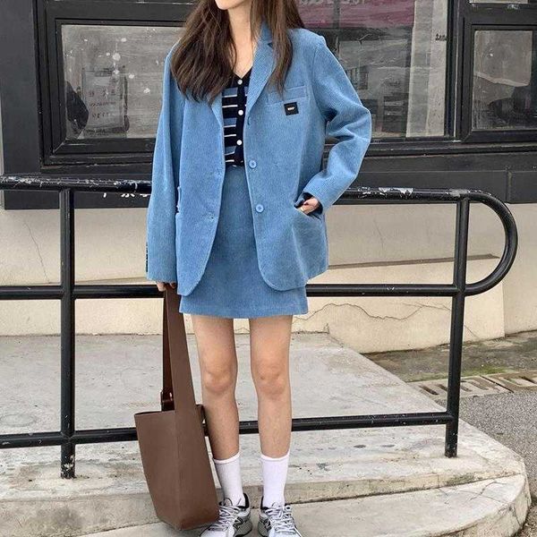 

blue corduroy suit letter-stick suit jacket high-waisted skirt a two-piece dress 210708, White