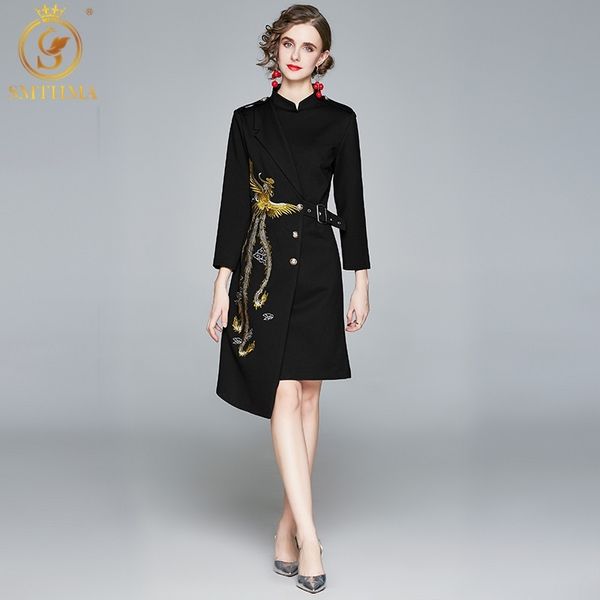 Мода дизайнер Черные платья Весна Осень Осень женская Вышивка Элегантный Асимметричный Vestido Da Festa 210520