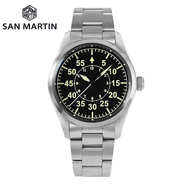 

san martin 39mm black dial men's pilot wristwatch sapphire yn55a automatic movement 20bar waterproof luminous military watch, Slivery;brown