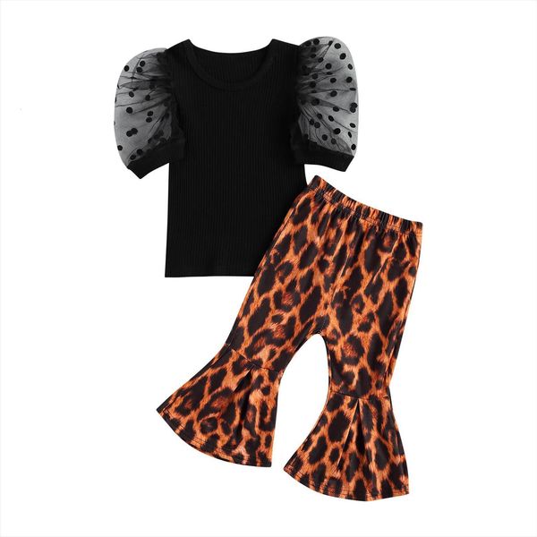

summer kids girls fashion 2 piece outfit set puff sleeve leopard flared pants clothes, White