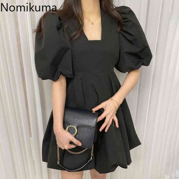 

nomikuma v neck puff sleeve mini dress women solid color slim waist a line black dresses korean chic summer vestidos mujer 210514, Black;gray