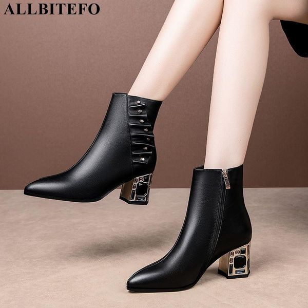 

boots allbitefo large size:34-42 genuine leather brand high heels ankle for women winter snow heel shoes, Black