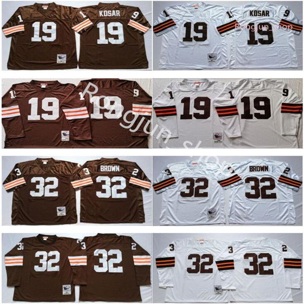 NCAA Vintage Retro Herren Fußball 19 Bernie Kosar 32 Jim Brown Langarm Home Coffe White Away No Name Stickerei Top Qualität