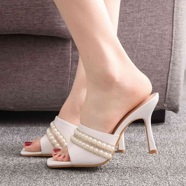 

sandals women slippers open toe summer slides thin high heels party pumps shoes white slip on mules string beads h0139 rf40, Black