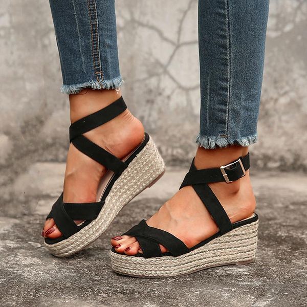 

fashion womens wedge high heel chunky flock sandal ladies students red white black pretty rome style buckle shoes sandals