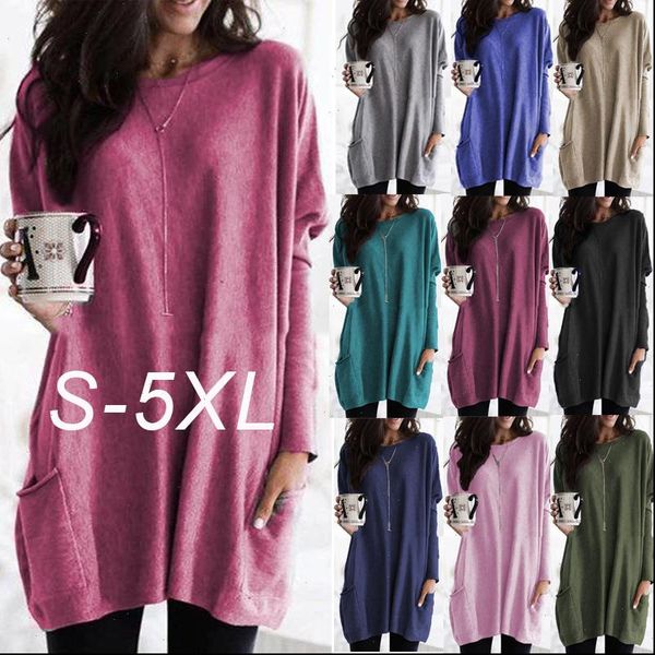 

women t shirt plus size s 5xl spring autumn female long sleeve pocket street solid o neck loose pullover, White