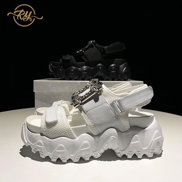 

ry-relaa women sandals platform 2021 summer fashion flat genuine leather woman shoes ins luxury, Black