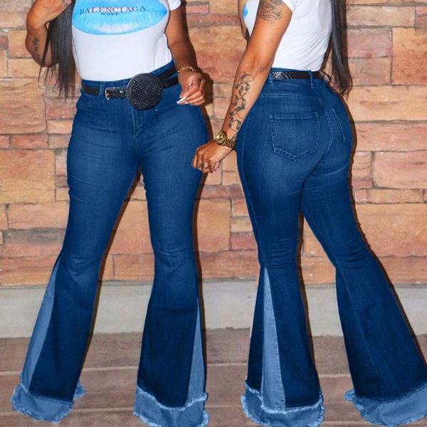 

women's jeans retro straight pachwork bodycon flare denim pants mid waist streetwear summer fashion loose women, Blue