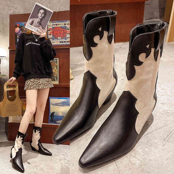 

boots female white autumn vintage cowboy western ankle short cowgirl retro boots high heels for girl cossacks 1w23, Black