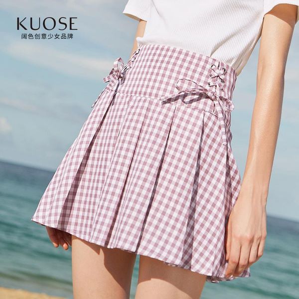 Saias Kuose 2021 estilo xadrez de cintura alta feminina plissada mini shorts shorts saia curta