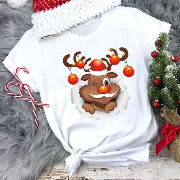 T-Shirt da donna FIXSYS Donna Bianco Donna Cartone animato Renna Cute Graphic Tee Buon Natale T-Shirt Manica corta Casual Top