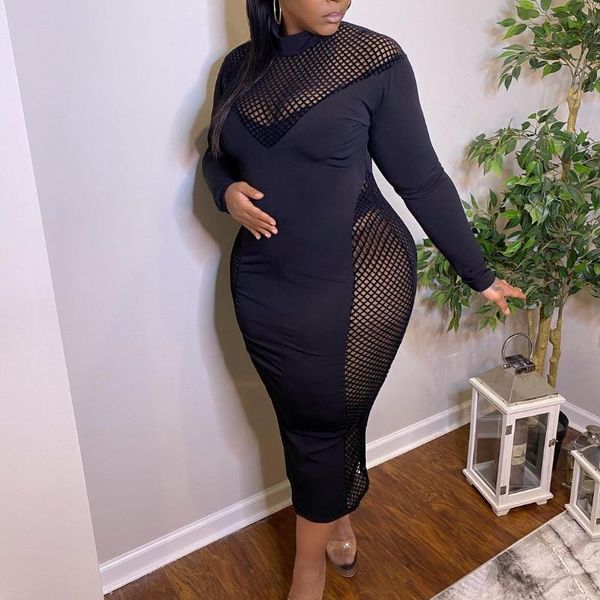 

casual dresses women black maxi dress slim big size gauze mesh o neck summer 2021 long sleeve patchwork bodycon robes fashion party, Black;gray