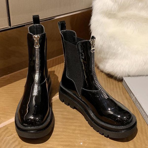 

boots 2021 winter ins fashion women platform black patent leather ankle square toe thick bottom zipper shoes
