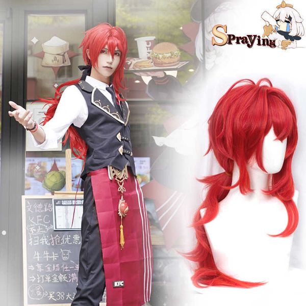 Genshin Impact peruca Diluc Cosplay 60 cm de comprimento de perucas vermelhas resistentes ao calor Wigs sintéticos Halloween Masquerade Hair Roupos de anime Y0903