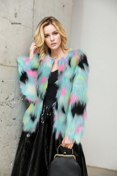 

women's fur & faux mink cropped jacket imitation spliced coat macaron contrast color thickening plush outwear crop cardigan, Black