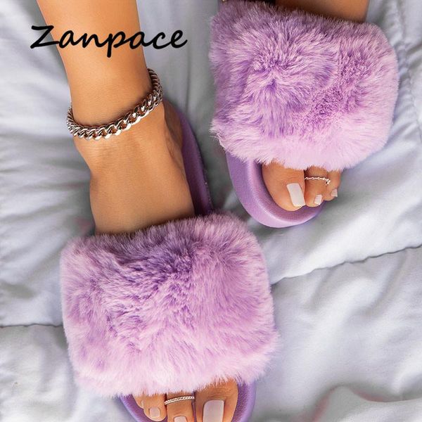 

women outdoor fur slippers summer plus size 43 casual fashion shoes woman plush home slippres flat sandals, Black