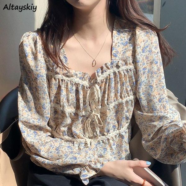 

women's blouses & shirts blouse women spring puff sleeve printed bow fashion kawaii square collar ulzzang party girl comfort casual str, White