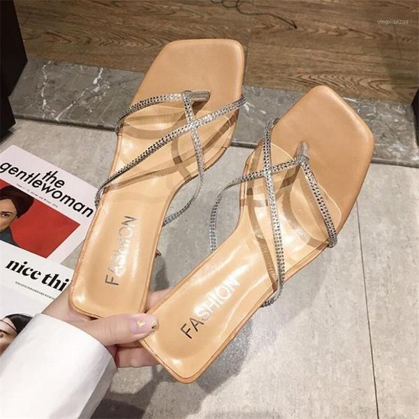 

slippers 2021 fashion rhinestone pvc transparent crystal perspex high heels square toe women party sandals pumps1, Black