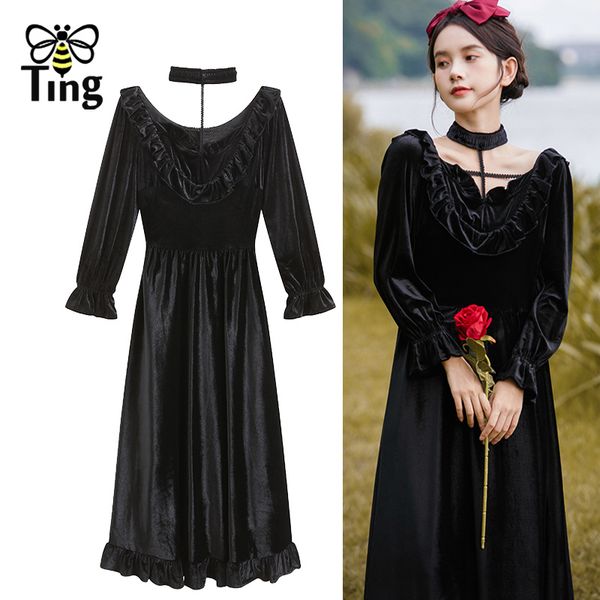 

vintage soft girl black velvet dress gothic neckline ruffles spring autumn long casual vestidos elbise robes 210513, Black;gray