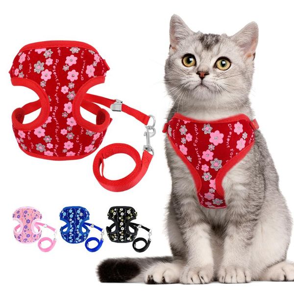 

cute cat puppy harness vest printed mesh pet kitten and leash set adjustable walking lead for small medium dogs cats collars & leads
