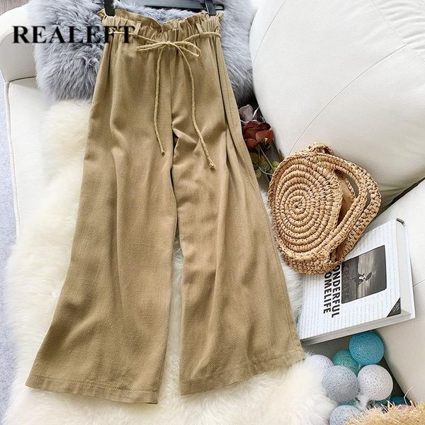 

women's pants & capris realeft 2021 arrival women summer casual streetwear linen loose ankle-length elastic high waist regular wide leg, Black;white