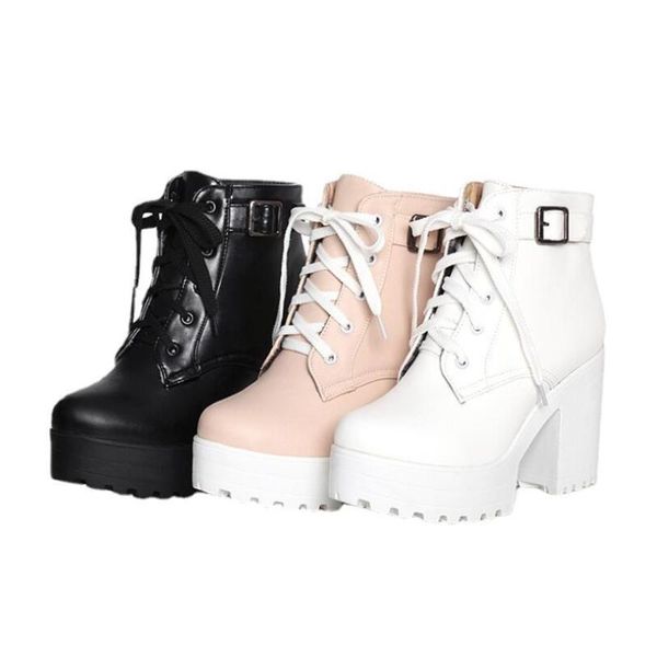 

boots autumn women round toe buckle shoes high heel fashion plus size square heels lacing 3 colors 34-43, Black