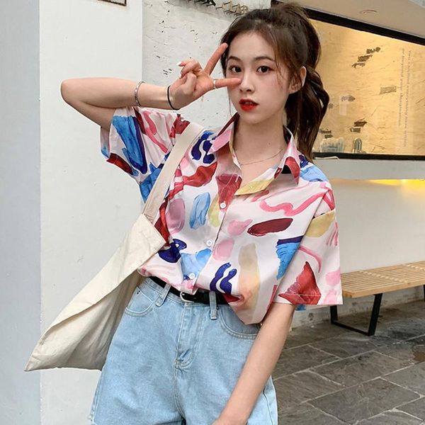 

women spring shirts long sleeve v neck floral print multicolor blouses casual loose shirt women's, White
