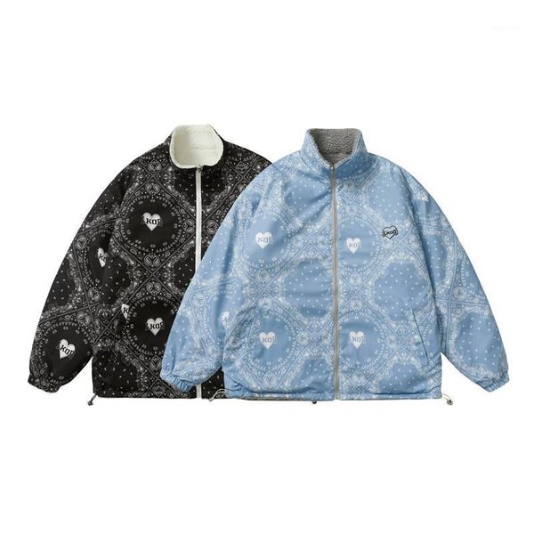 

men's jackets streetwear reversible lamb wool coat winter padded jacket men women paisley print warm velvet and coats, Black;brown