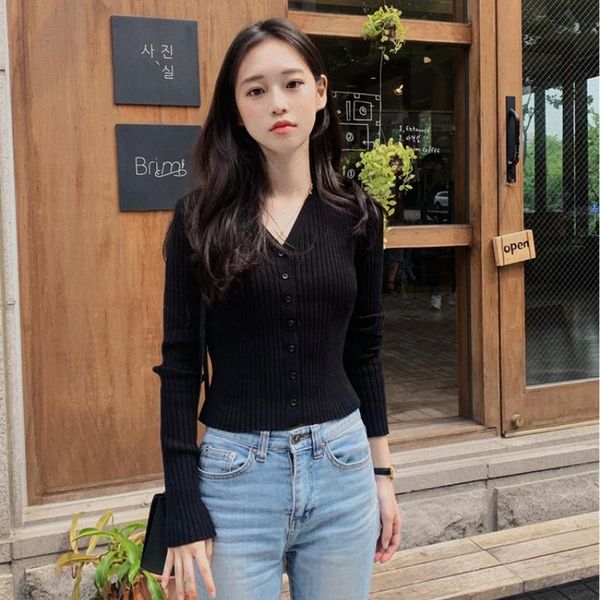

women's knits & tees korean style autumn winter 2021 long sleeve woman cardigans simple elegant v neck casual sweaters slim sweet knitt, White
